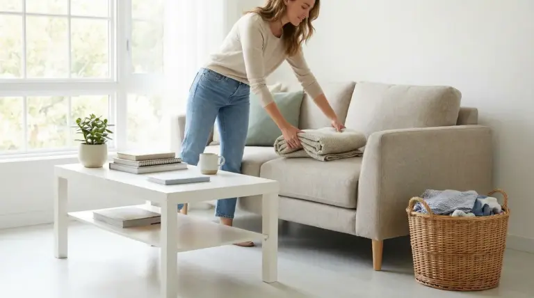 Una persona piega una coperta sul divano in un soggiorno luminoso e ordinato, con tavolino e cesto della biancheria