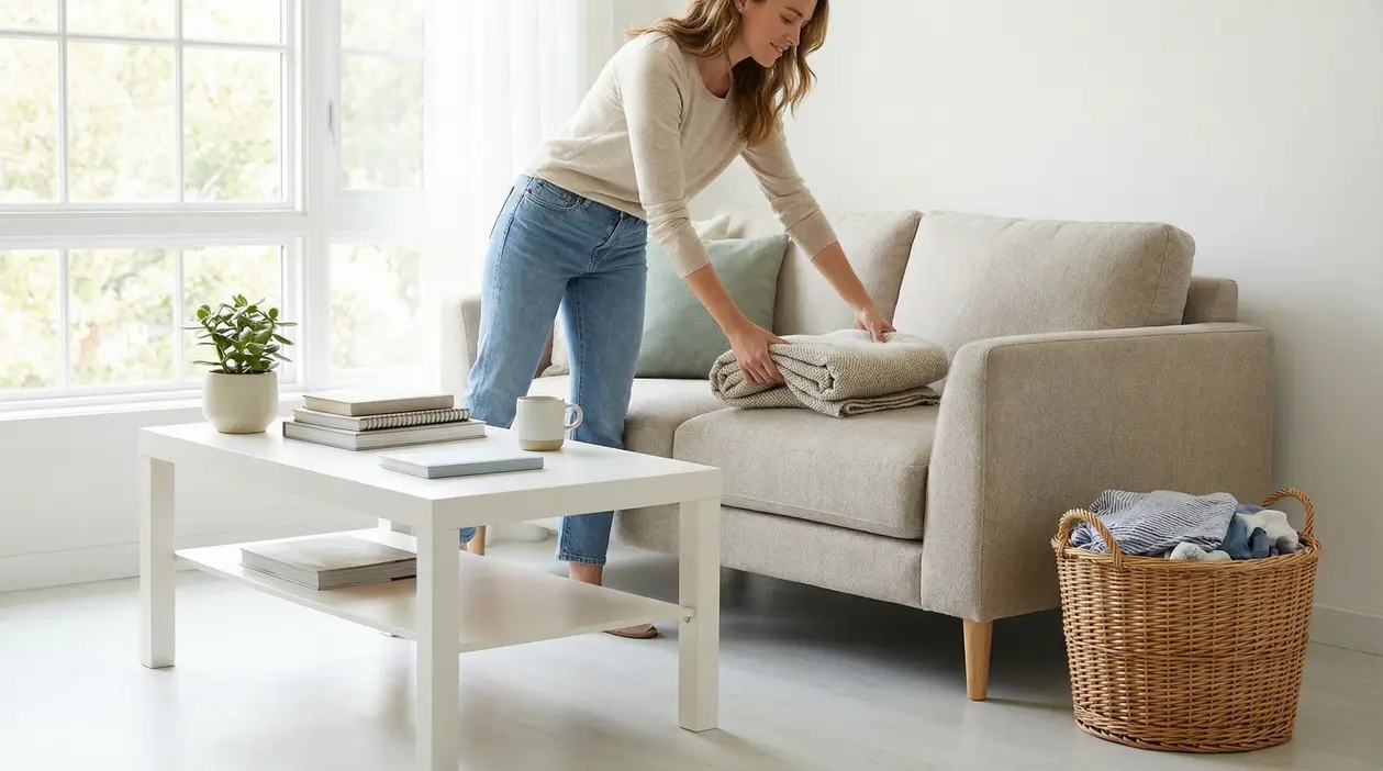 Una persona piega una coperta sul divano in un soggiorno luminoso e ordinato, con tavolino e cesto della biancheria