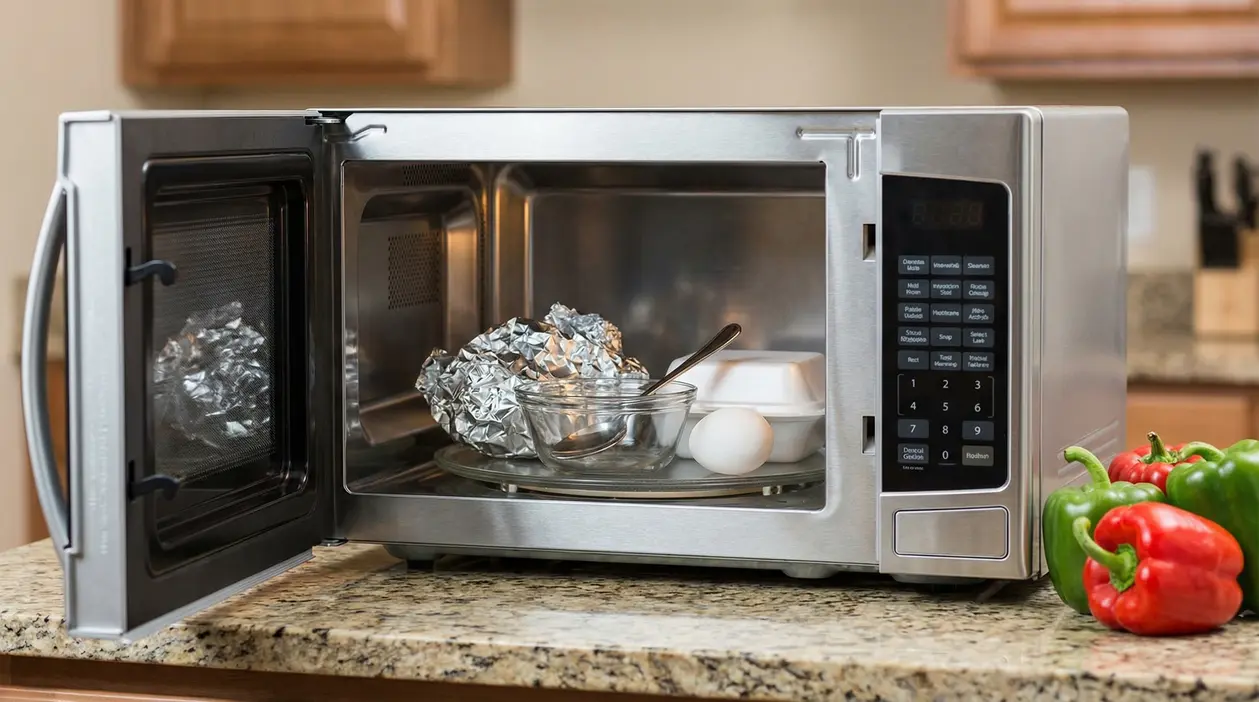 Forno a microonde aperto con foglio di alluminio, ciotola di vetro con cucchiaio e un uovo sul piatto girevole