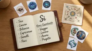 Quaderno aperto con penna e carte dei segni zodiacali su tavolo, accanto a una ruota dello zodiaco