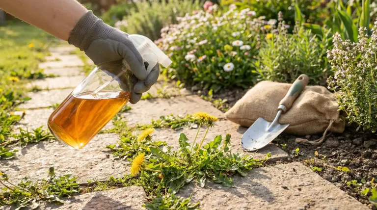 Mano con guanto spruzza diserbante naturale su erbacce tra le piastrelle del giardino