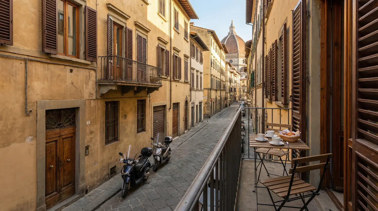 Balcone con colazione su strada del centro storico di Firenze, con palazzi tradizionali e cupola del Duomo sullo sfondo
