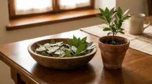 Vaso di alloro sul tavolo vicino a una finestra, con ciotola di foglie di alloro secche accanto