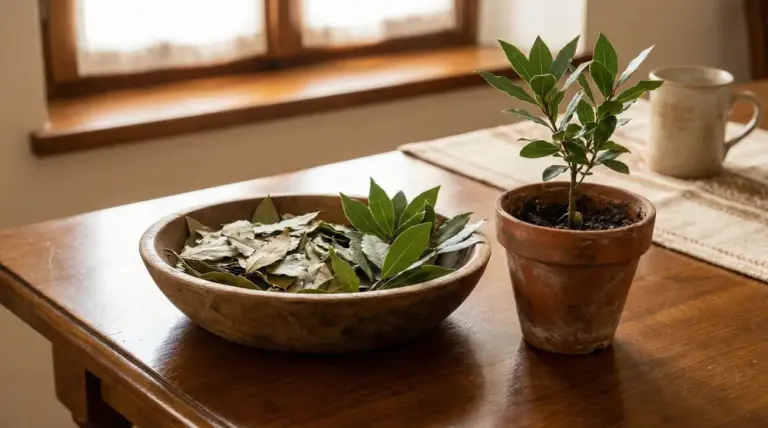 Vaso di alloro sul tavolo vicino a una finestra, con ciotola di foglie di alloro secche accanto