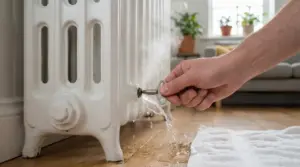 Mano che apre la valvola di spurgo di un termosifone, con acqua che fuoriesce e un asciugamano sul pavimento