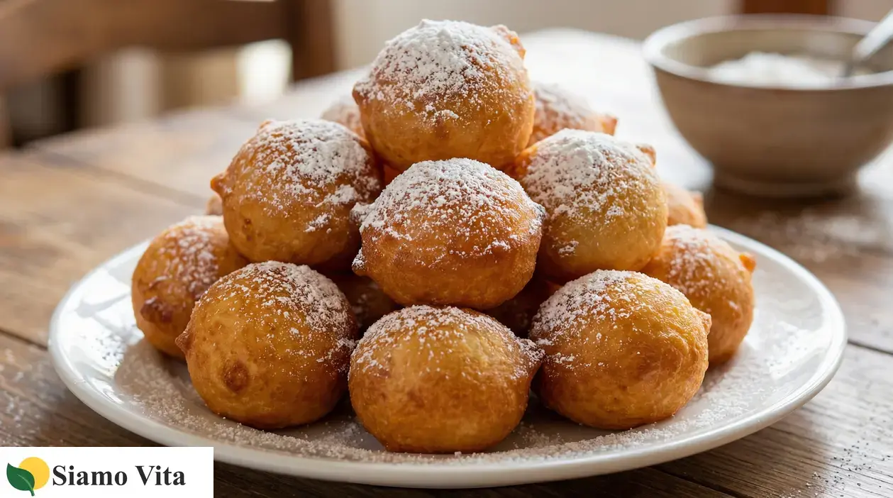 Piatto di frittelle di Carnevale gonfie e dorate, spolverate di zucchero a velo su tavolo di legno