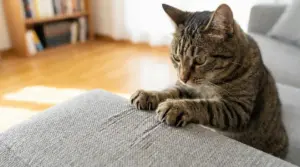 Gatto tigrato che graffia il bracciolo di un divano in tessuto in salotto