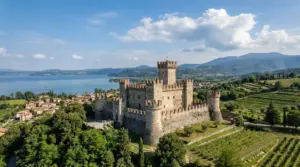 Castello medievale in pietra con torri e mura merlate, affacciato su un lago e colline verdi in Italia