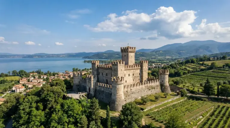Castello medievale in pietra con torri e mura merlate, affacciato su un lago e colline verdi in Italia