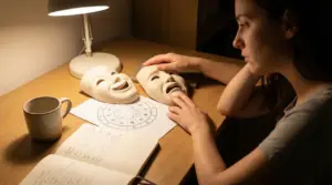 Persona al tavolo con due maschere comica e tragica e un tema natale, simbolo di sbalzi d’umore nei segni zodiacali