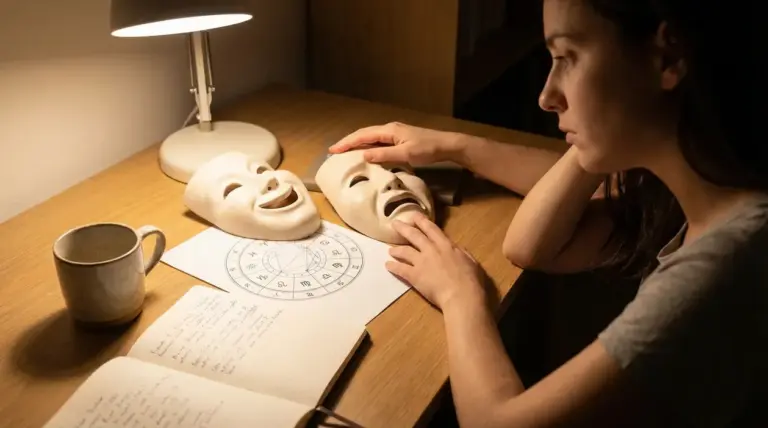 Persona al tavolo con due maschere comica e tragica e un tema natale, simbolo di sbalzi d’umore nei segni zodiacali