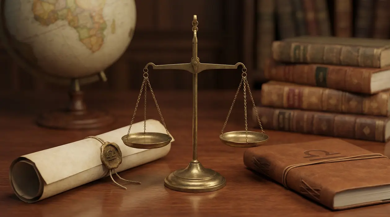 Bilancia in ottone su un tavolo con libri antichi e pergamena, simbolo del segno della Bilancia e diplomazia