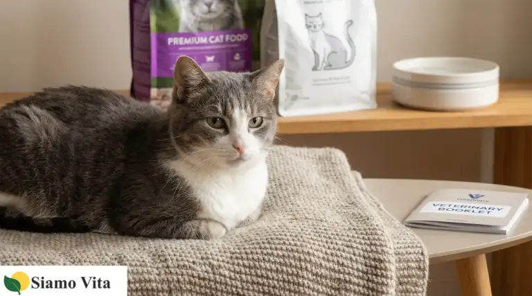 Gatto grigio e bianco sdraiato su una coperta, con cibo per gatti e libretto veterinario sullo sfondo