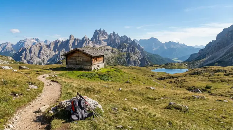 Baita di montagna su prato con sentiero, zaino da trekking e lago alpino sullo sfondo di cime rocciose