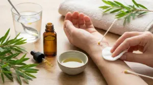 Applicazione di olio di tea tree diluito sul braccio con cotton fioc e dischetto di cotone