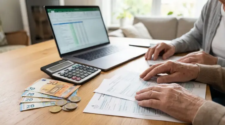 Persona al tavolo con documenti, calcolatrice, laptop e banconote euro per calcolare l’importo della pensione