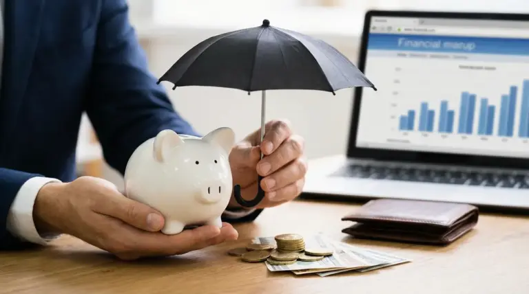 Persona protegge un salvadanaio con un ombrello, con monete e banconote su una scrivania e grafico su laptop