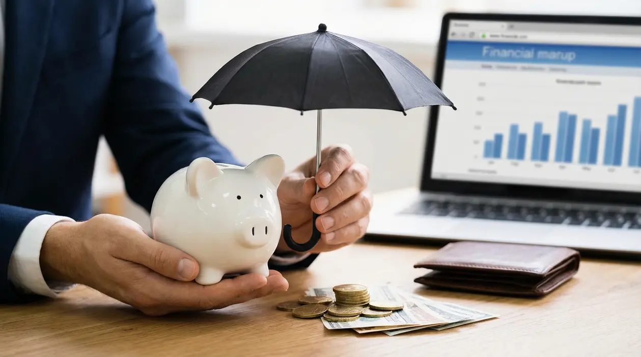 Persona protegge un salvadanaio con un ombrello, con monete e banconote su una scrivania e grafico su laptop