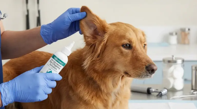 Veterinario con guanti solleva l’orecchio di un cane e applica una soluzione detergente auricolare