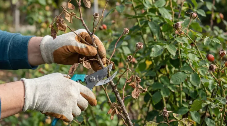 Mani con guanti che potano un ramo di rosa con cesoie in giardino, rimuovendo foglie secche e rami vecchi
