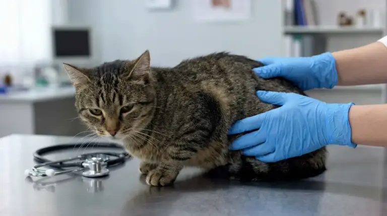 Gatto tigrato visitato dal veterinario su un lettino, con mani in guanti blu e stetoscopio accanto
