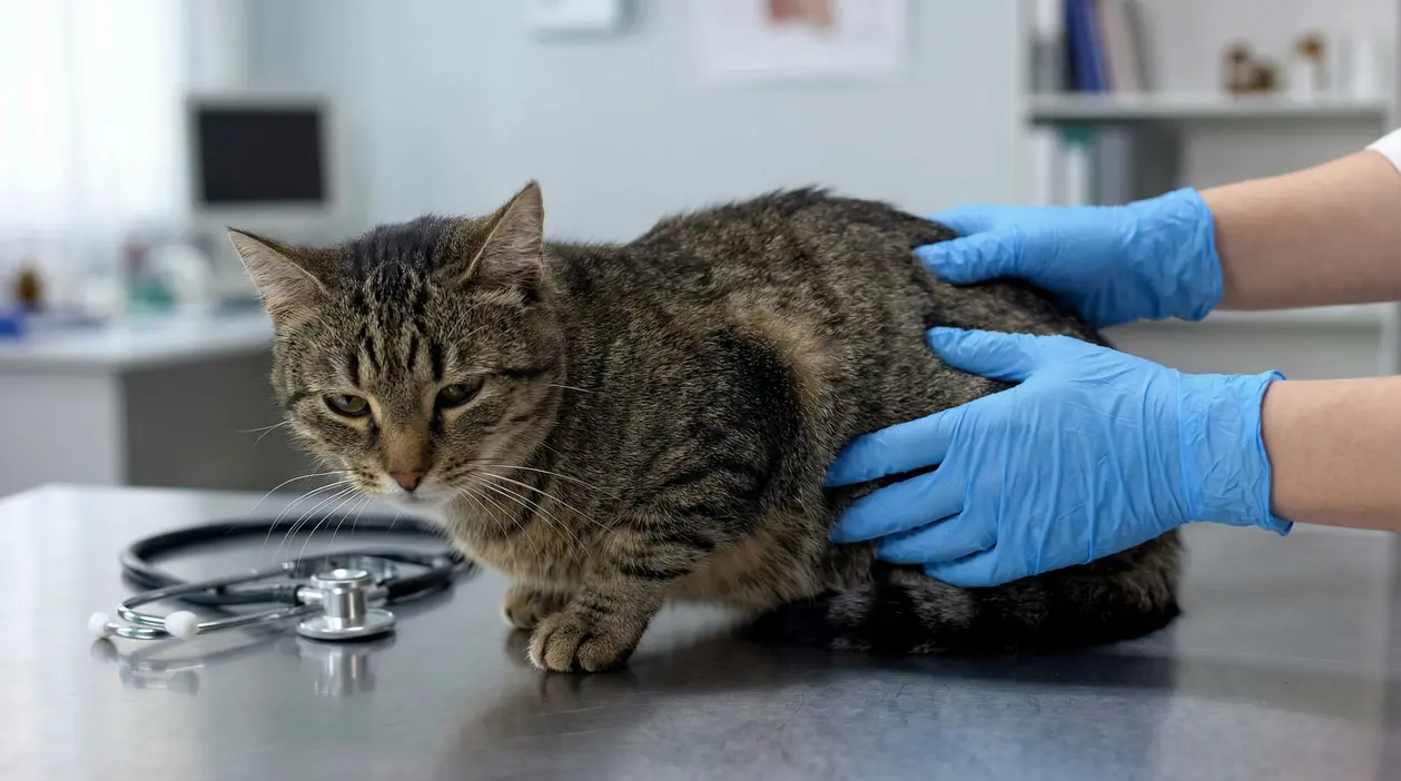 Gatto tigrato visitato dal veterinario su un lettino, con mani in guanti blu e stetoscopio accanto