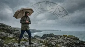 Persona con ombrello sotto la pioggia su scogliere sul mare, con simboli zodiacali sullo sfondo