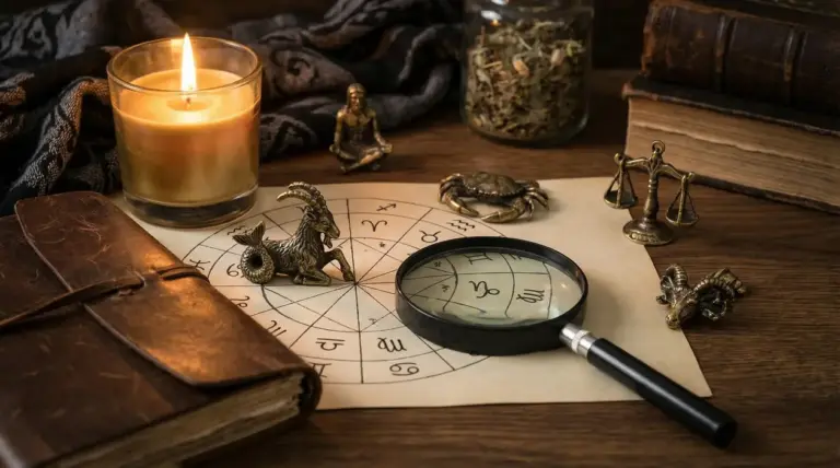 Carta con ruota dello zodiaco, lente d’ingrandimento e piccoli simboli astrologici accanto a una candela accesa