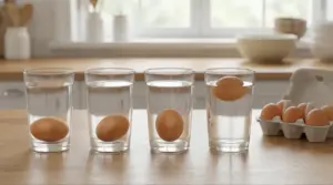 Uova in quattro bicchieri d’acqua per il test di galleggiamento, con un uovo che resta a galla sul tavolo in cucina