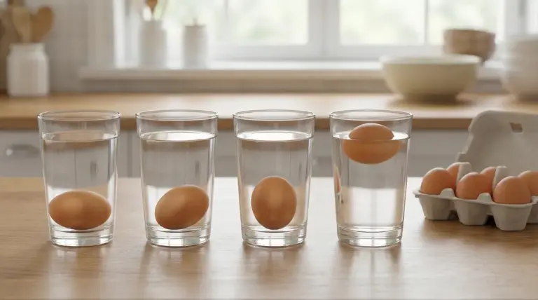 Uova in quattro bicchieri d’acqua per il test di galleggiamento, con un uovo che resta a galla sul tavolo in cucina