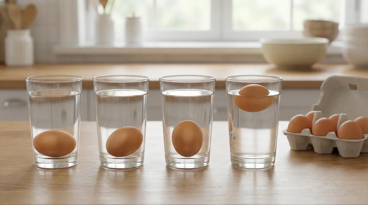 Uova in quattro bicchieri d’acqua per il test di galleggiamento, con un uovo che resta a galla sul tavolo in cucina
