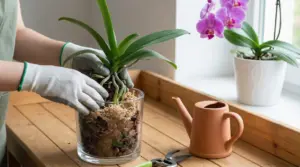 Persona con guanti rinvasa un’orchidea Phalaenopsis in vaso trasparente con corteccia e muschio su tavolo in legno