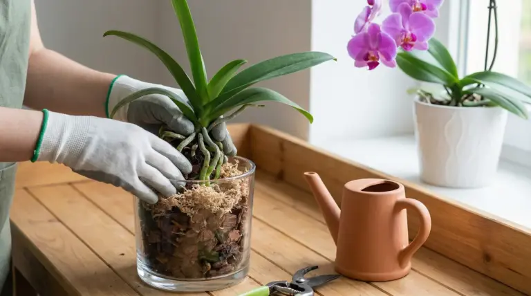Persona con guanti rinvasa un’orchidea Phalaenopsis in vaso trasparente con corteccia e muschio su tavolo in legno