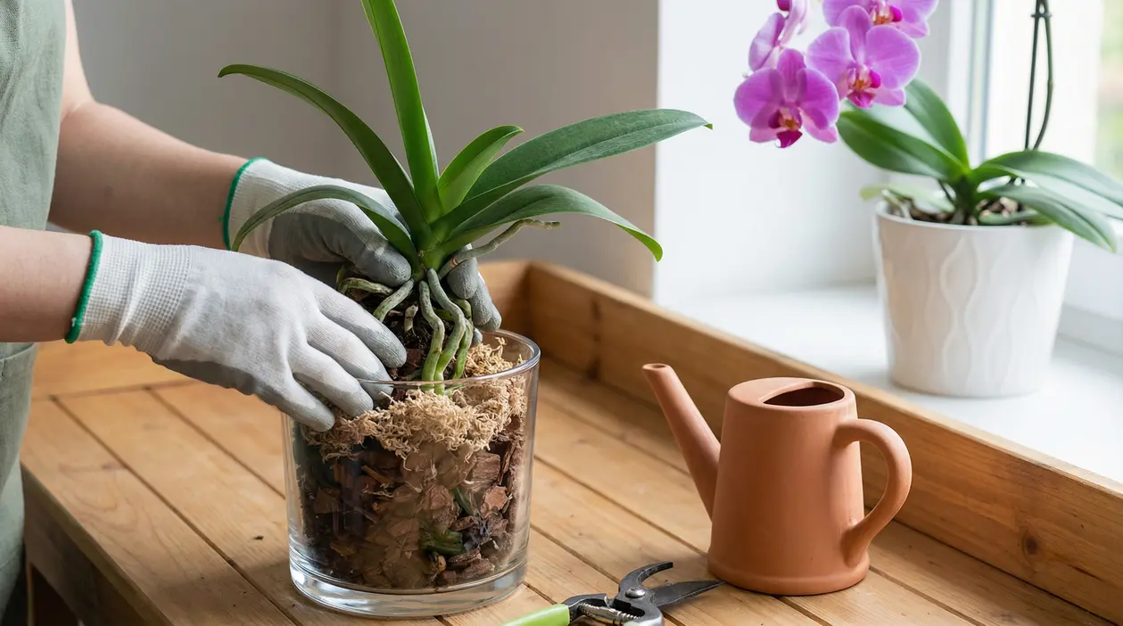 Persona con guanti rinvasa un’orchidea Phalaenopsis in vaso trasparente con corteccia e muschio su tavolo in legno