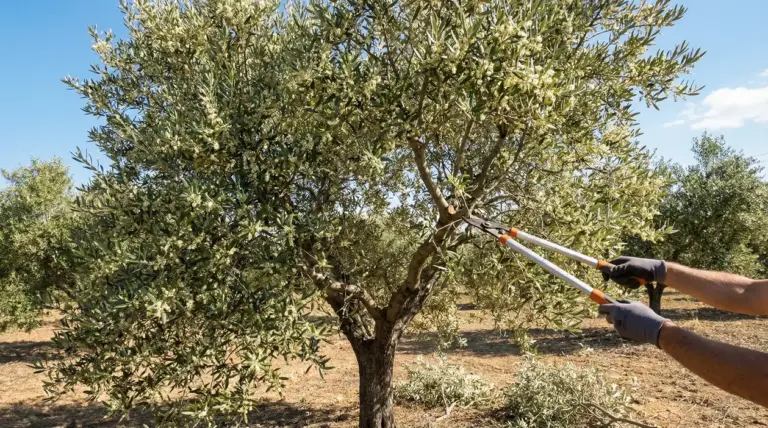 Potatura di un ulivo con cesoie telescopiche in un oliveto, per favorire la fioritura e la produzione di olive