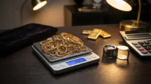 Gioielli in oro su bilancia digitale per la valutazione dell’oro usato, con lente e calcolatrice sul tavolo