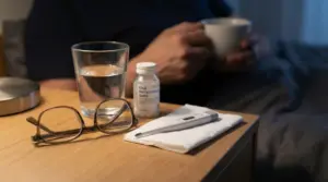 Occhiali, termometro e bicchiere d’acqua su comodino accanto a una persona con tazza, simbolo di malessere