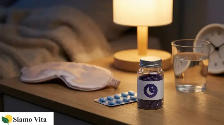 Integratori per il sonno sul comodino con mascherina, bicchiere d’acqua e lampada da notte